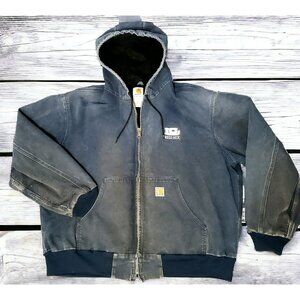 VTG Carhartt Duck Thermal Coat Lined Hood Zip Jacket Distressed LOGO  J131 USA